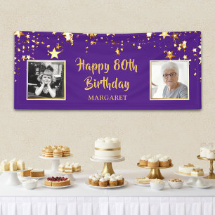 80th Birthday Photo Purple Gold Stars Personalised Banner