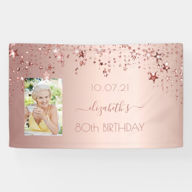 80th birthday photo rose gold pink glittery stars banner (Horizontal)