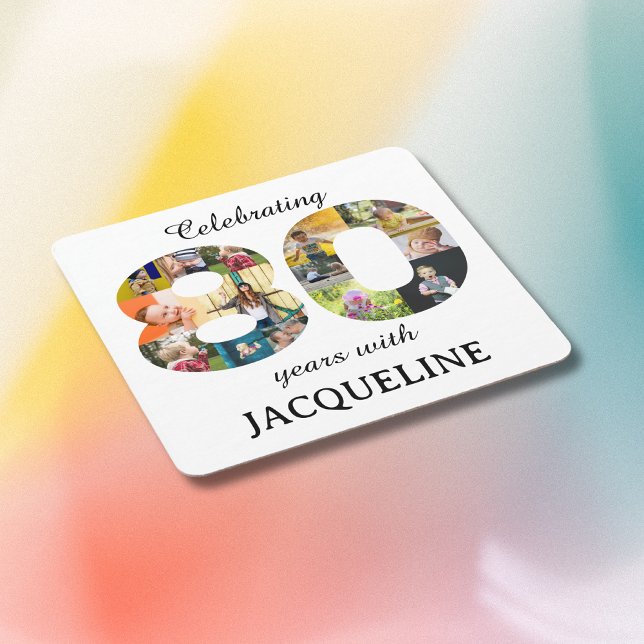 80th Birthday Photo Template Invitation Square Paper Coaster (80th birthday personalized coasters with family photo collage template.)