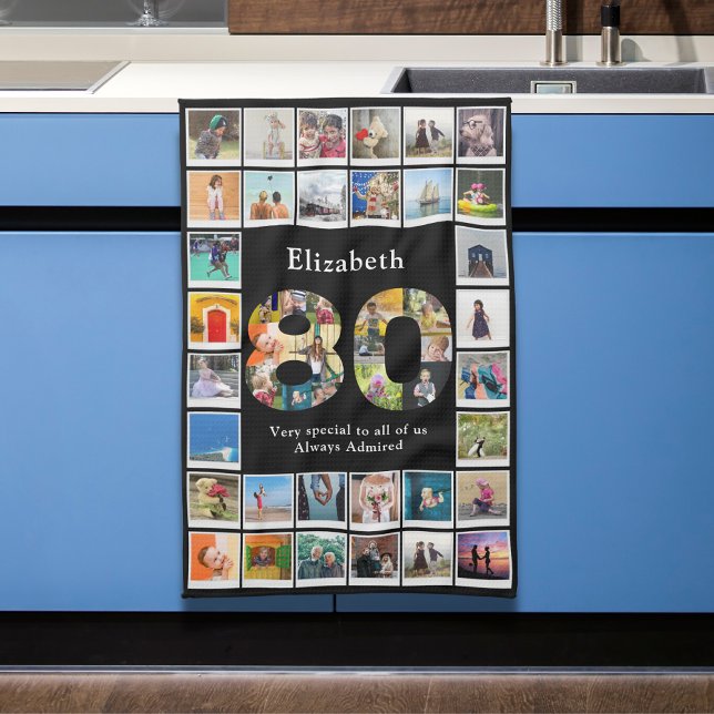 80th Birthday Photo Template Tea Towel (Personalized 80th birthday kitchen towel with family photo collage template.)