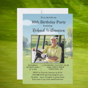 80th Birthday Photo Watercolor Golf Theme Invitation