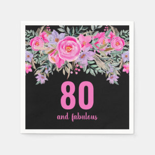 80th birthday pink black floral party napkins