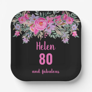 80th birthday pink black watercolor floral paper plate