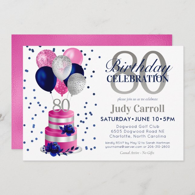 80th Birthday Pink Cake Invitation (Front/Back)