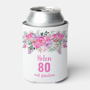 80th birthday pink floral can cooler