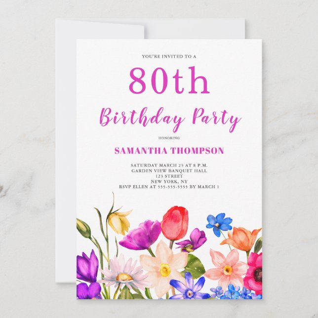 80th Birthday Pink Floral  Invitation (Front)