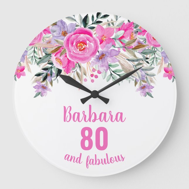 80th birthday pink floral  large clock (Front)