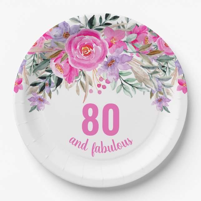 80th birthday pink floral  paper plate (Front)
