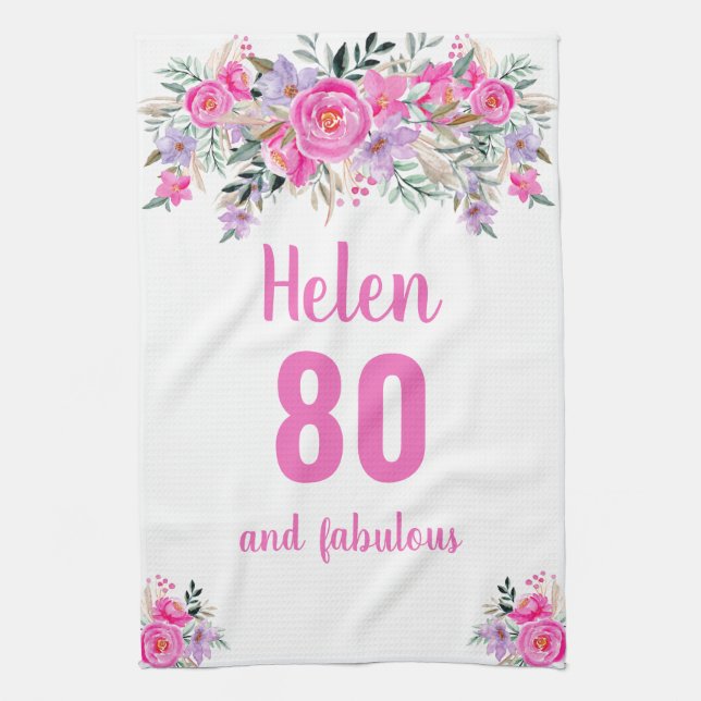 80th birthday pink floral unique  tea towel (Vertical)