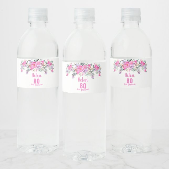 80th birthday pink floral  water bottle label (Bottles)