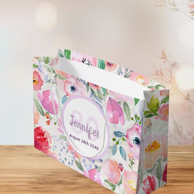 80th birthday pink flowers pastel bohemian large gift bag (Creator Uploaded)