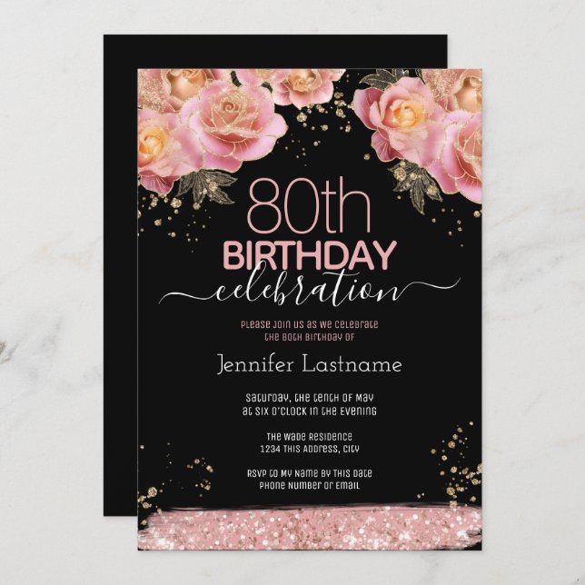 80th Birthday Pink Glitter Floral Invitations (Front/Back)