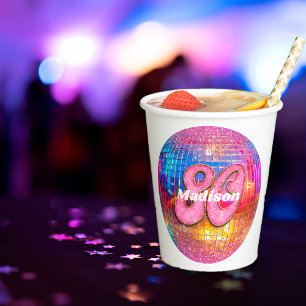 80th Birthday Pink Glitter Groovy 70s Disco Ball Paper Cups