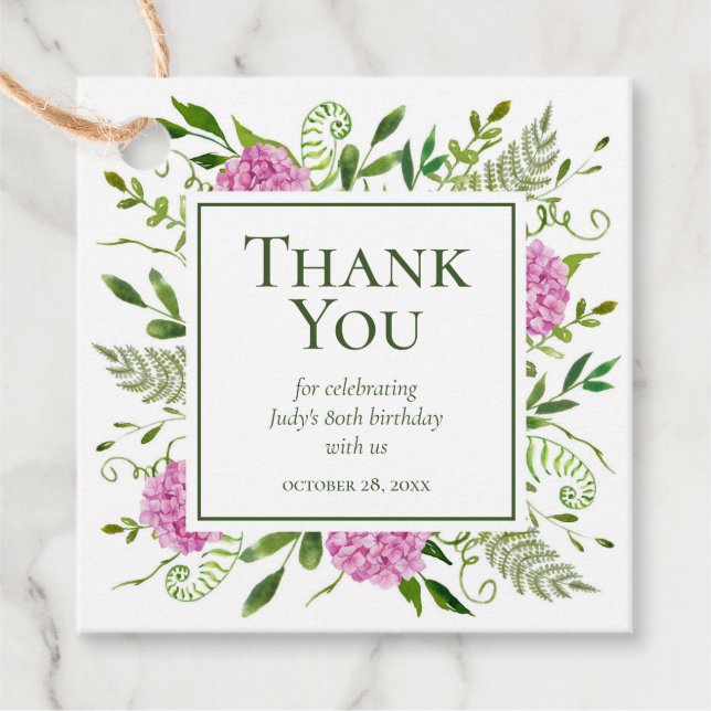 80th Birthday Pink Hydrangeas Favour Tags (Front)