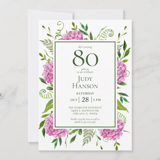 80th Birthday Pink Hydrangeas Invitation (Front)