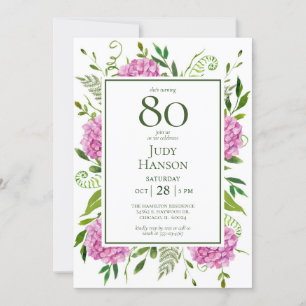 80th Birthday Pink Hydrangeas Invitation