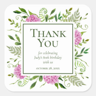 80th Birthday Pink Hydrangeas Thank You Square Sticker