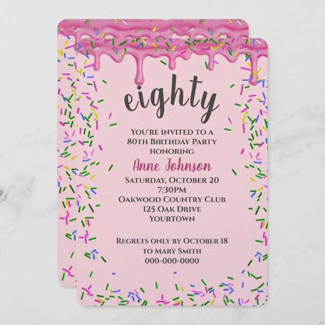 80th Birthday Pink Icing And Sprinkles Invitation (Front/Back)