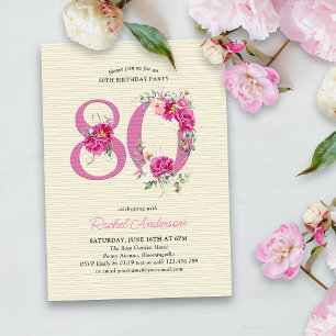 80th Birthday Pink Peony Floral Number 80 Invitation