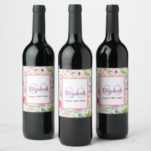 80th birthday pink purple flowers name wine label