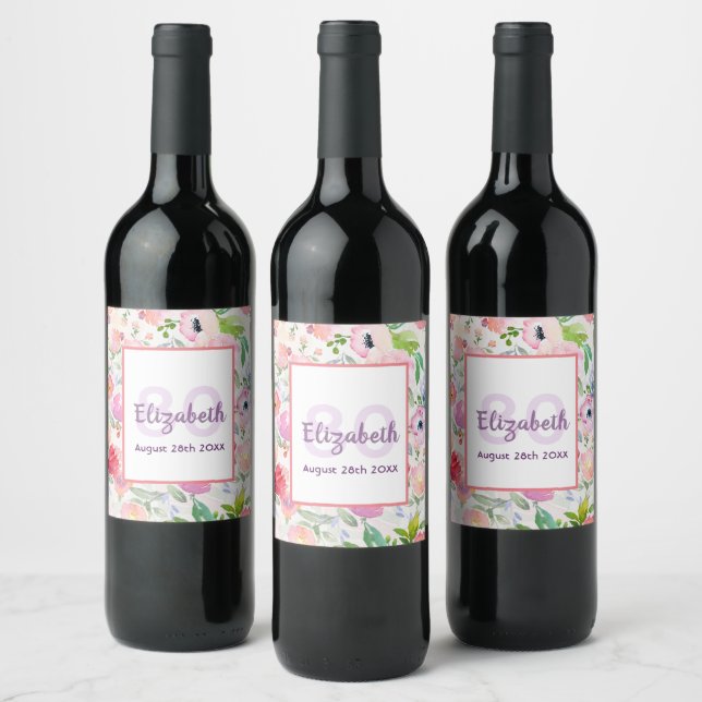 80th birthday pink purple flowers name wine label (Bottles)
