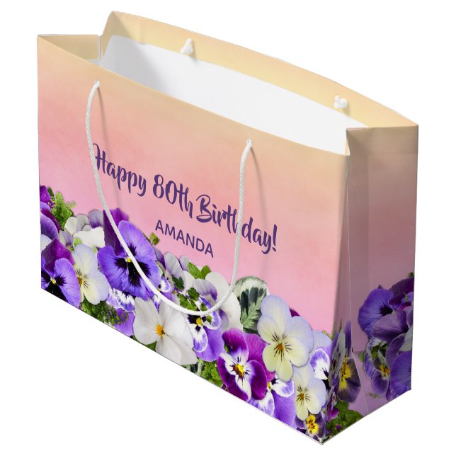 80th Birthday pink purple forals monogram Large Gift Bag (Back Angled)