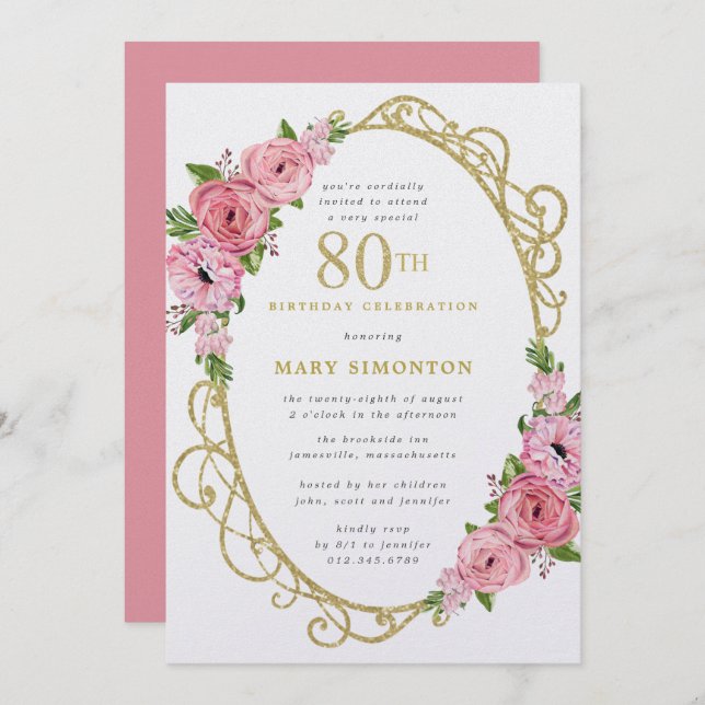 80th Birthday Pink Rose Floral Gold  Invitation (Front/Back)
