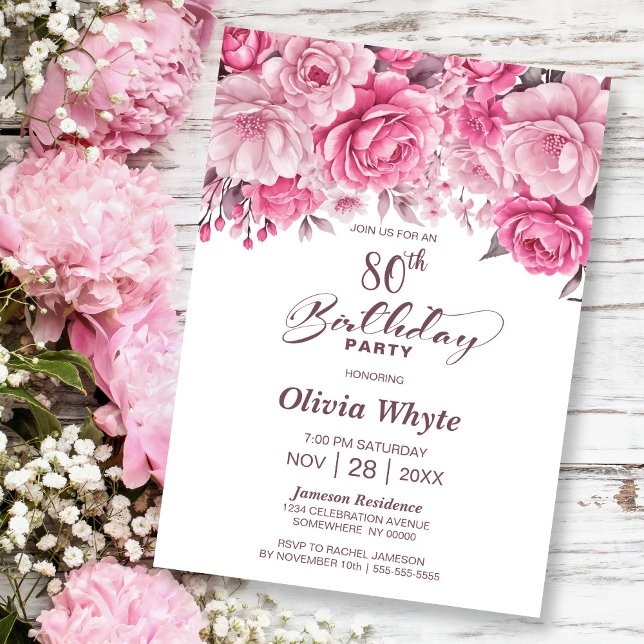 80th Birthday Pink Rose Floral Party Invitation (Creator Uploaded)