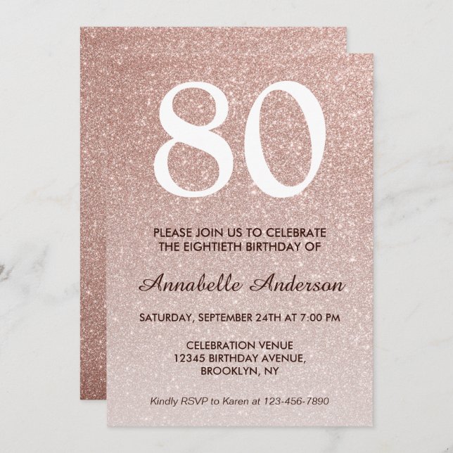 80th Birthday Pink Rose Gold Glitter Sparkle Ombre Invitation (Front/Back)