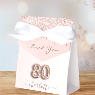 80th birthday pink rose gold glitter thank you favour box