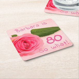 80th Birthday Pink Rose Name Inspirational Square Paper Coaster