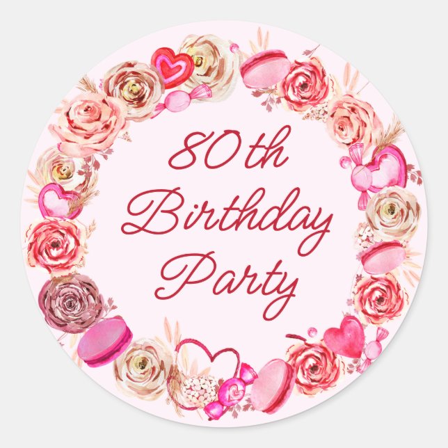 80th Birthday Pink Rose Swirly Heart Envelope Classic Round Sticker (Front)