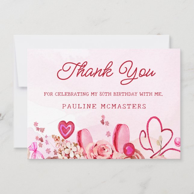 80th Birthday Pink Rose Swirly Heart Thank You (Front)