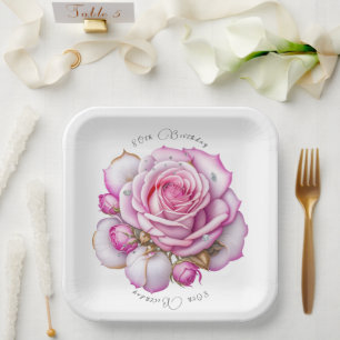 80th Birthday Pink Roses and Sparkling Diamonds Paper Plate