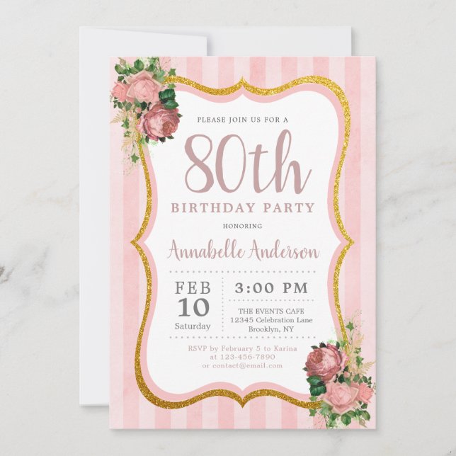 80th Birthday Pink Stripe Floral Gold Glitter Chic Invitation (Front)