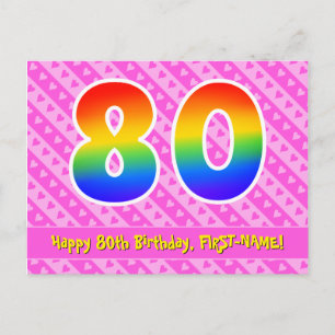 80th Birthday: Pink Stripes & Hearts, Rainbow 80 Postcard