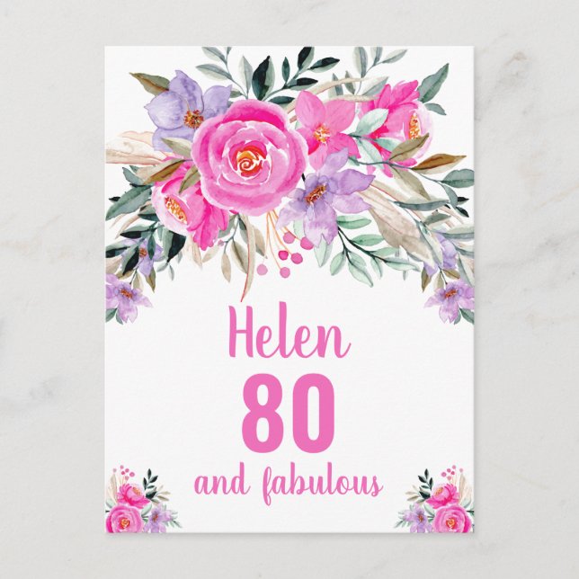 80th birthday pink watercolor floral card (Front)