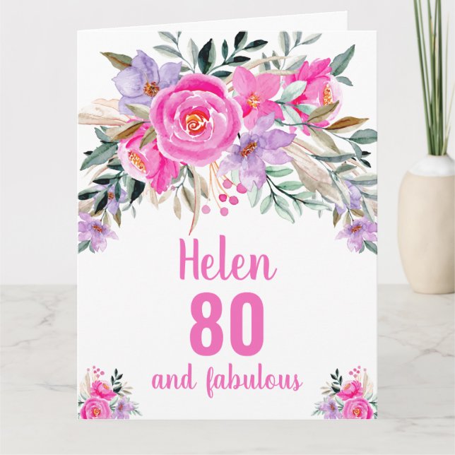 80th birthday pink watercolor floral card (Front)
