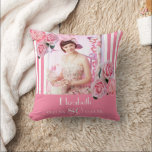 80th birthday pink white stripes floral photo cushion<br><div class="desc">A gift for a womans 80th birthday. Classic slim pink and white vertical stripes as background.  With girly and feminine flowers,  pink roses and peonies as decoration.  
A frame on front with templates for the age 80,  name and dates. Template for your own vertical photo.</div>