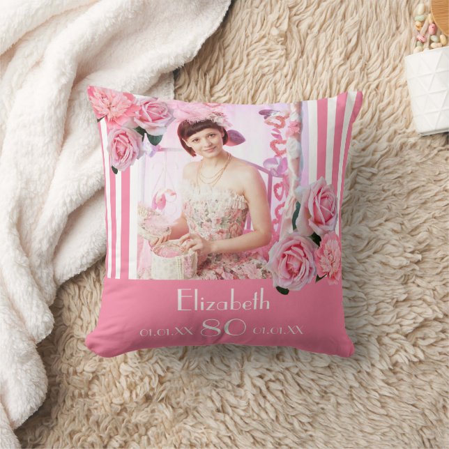 80th birthday pink white stripes floral photo cushion (Blanket)