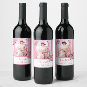 80th birthday pink white stripes floral photo name wine label