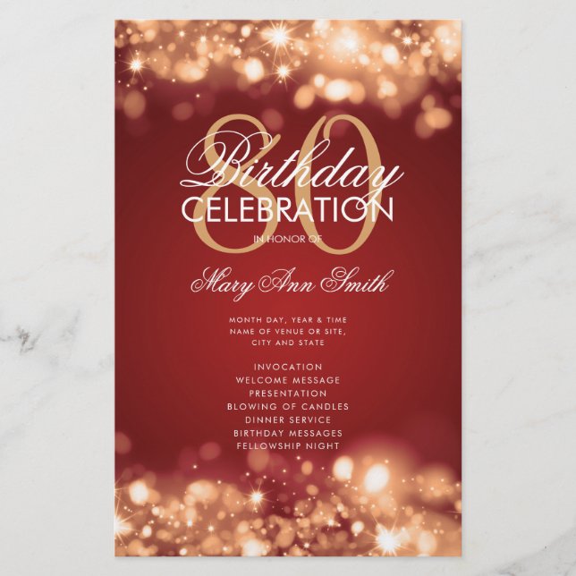 80th Birthday Program Glam Lights Gold Red Menu  (Front)
