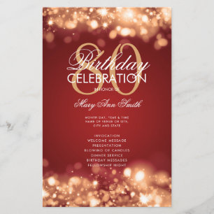 80th Birthday Program Glam Lights Red Gold w/ Menu