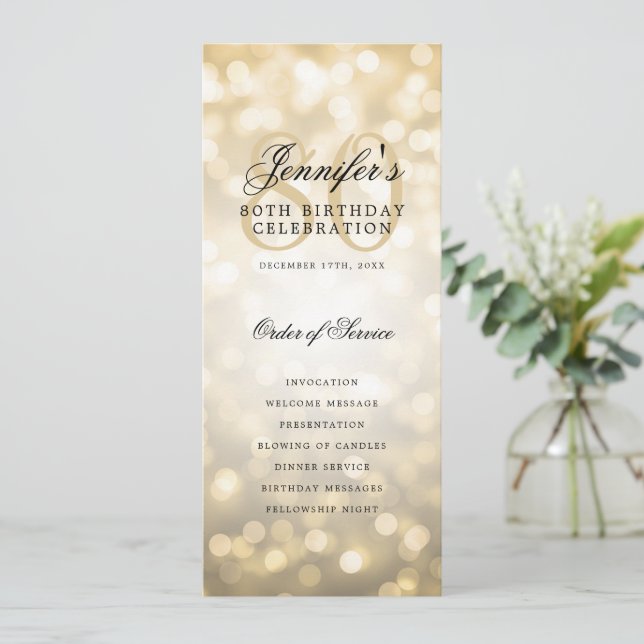 80th Birthday Program Gold Bokeh w/ Thank You Invitation (Standing Front)