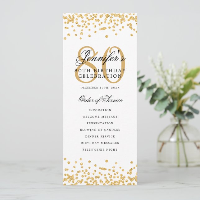 80th Birthday Program Gold Confetti Menu  Invitation (Standing Front)