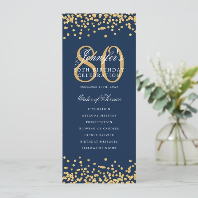 80th Birthday Program Gold Confetti Menu Navy Blue Invitation (Standing Front)