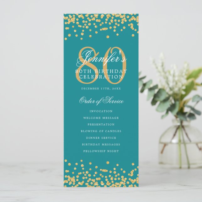 80th Birthday Program Gold Confetti Menu Turquoise Invitation (Standing Front)
