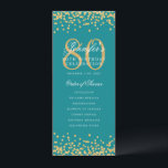 80th Birthday Program Gold Confetti Menu Turquoise Invitation<br><div class="desc">Elegant "Birthday Party Program" design with Faux glitter confetti and custom text.</div>