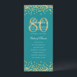 80th Birthday Program Gold Confetti Menu Turquoise Invitation<br><div class="desc">Elegant "Birthday Party Program" design with Faux glitter confetti and custom text.</div>