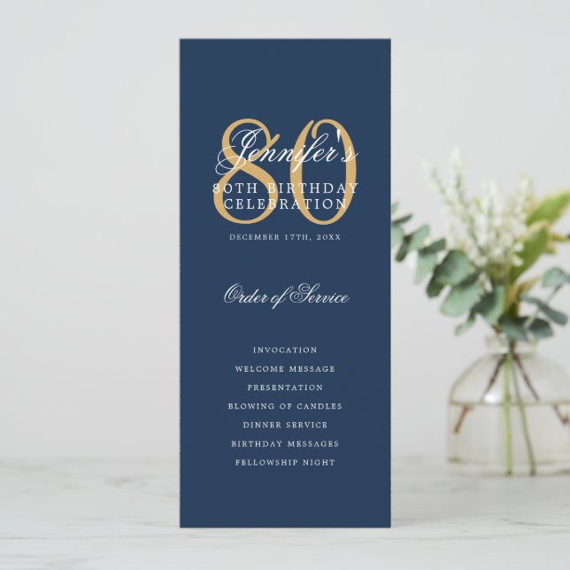 80th Birthday Program Gold Navy Thank You Invitation (Standing Front)